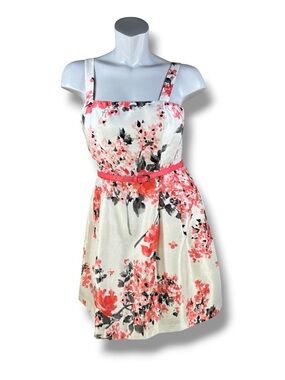 Jessica H Floral Coral-White Fit and Flare Midi Dress with Belt & Straps in 10P
